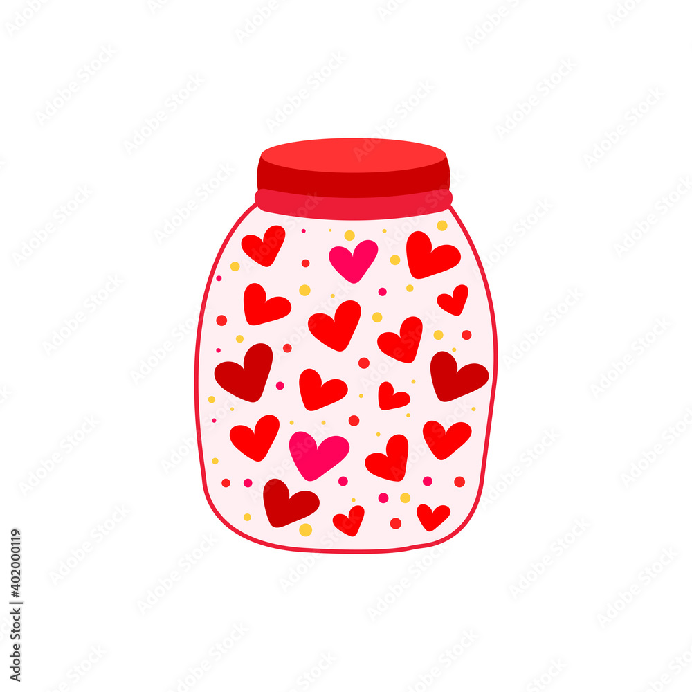 Icon of hearts in a jar. Valentine's Day design element. Flat illustration with a jar and hearts Icon of hearts in a jar. Valentine's Day design element. Flat illustration with a jar and hearts