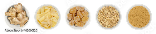 Obraz na plátně Processed ginger root in white bowls, over white