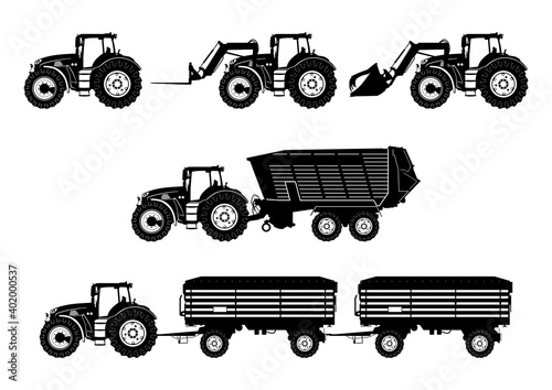 Agricultural tractor. The silhouettes of modern tractors with trailers and additional equipment. Side view. Flat vector.