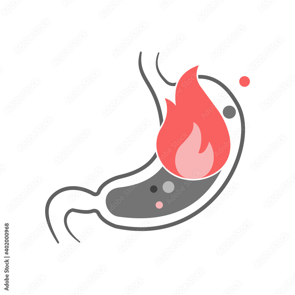 Stomach heartburn flat icon. Concept of gastritis and acid reflux, indigestion, stomach pain health condition. Isolated on white background. Stomach heartburn flat icon. Concept of gastritis and acid reflux, indigestion, stomach pain health condition. Isolated on white background.