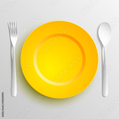 Plate, spoon and fork isolated on napkin background. Canteen icon. dining room badge. buffet icon. Here you can eat picture. Fast food restaurant badge. illustration