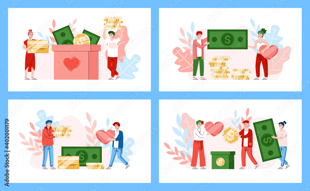 Set of banners with volunteers donating money, flat cartoon vector illustration isolated on white background. Collecting money for the needy and charity foundation.