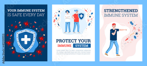 Set of card or posters of immune system defence concept with cartoon characters, flat vector illustration. Strengthening of immune system and resistance to virus.