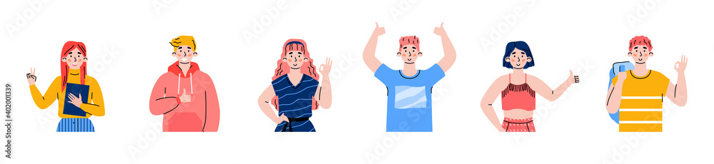 Set of cheerful people characters raising hands in OK and thumbs up gestures of appreciation and success, flat cartoon vector illustration isolated on white background. Set of cheerful people characters raising hands in OK and thumbs up gestures of appreciation and success, flat cartoon vector illustration isolated on white background.