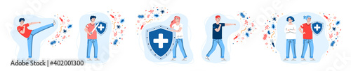Set of people reflecting with viral attack by strong immune system, cartoon vector illustration isolated on white background. Immune system defence concept.