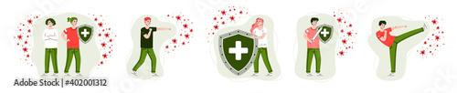 Healthy immune system. People reflecting from attack coronavirus with help strong immunity and drug. Concept of medical protection and safety with help immunity shields. Vector.