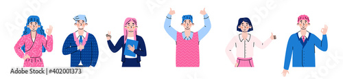 Set of happy people gesturing ok signs. Characters expression positive emotions, agreement and approval using ok, victory and thumb up hand gestures. Vector isolated illustration