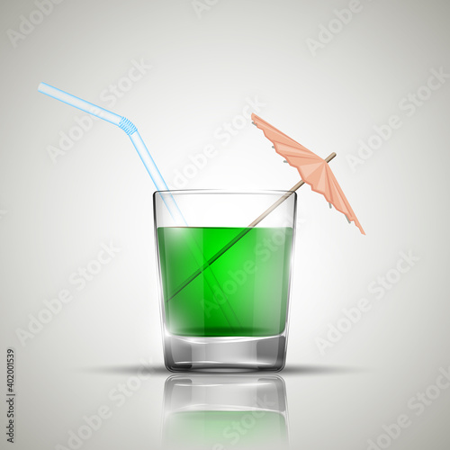 Glass cold drink alcohol & straw. Bright soda & umbrella. A glass of lemonade or fruit juice with umbrella. Cold iced tea. Bar with a glass of cocktail fizzy water with straw