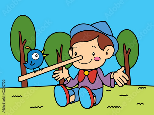 Pinocchio is telling with a bird on the grass
