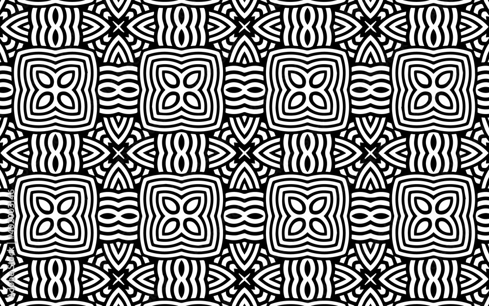 Geometric ethnic Indian texture in doodling style. Stylish oriental background for design, wallpaper, textile, coloring. Abstract black white template.