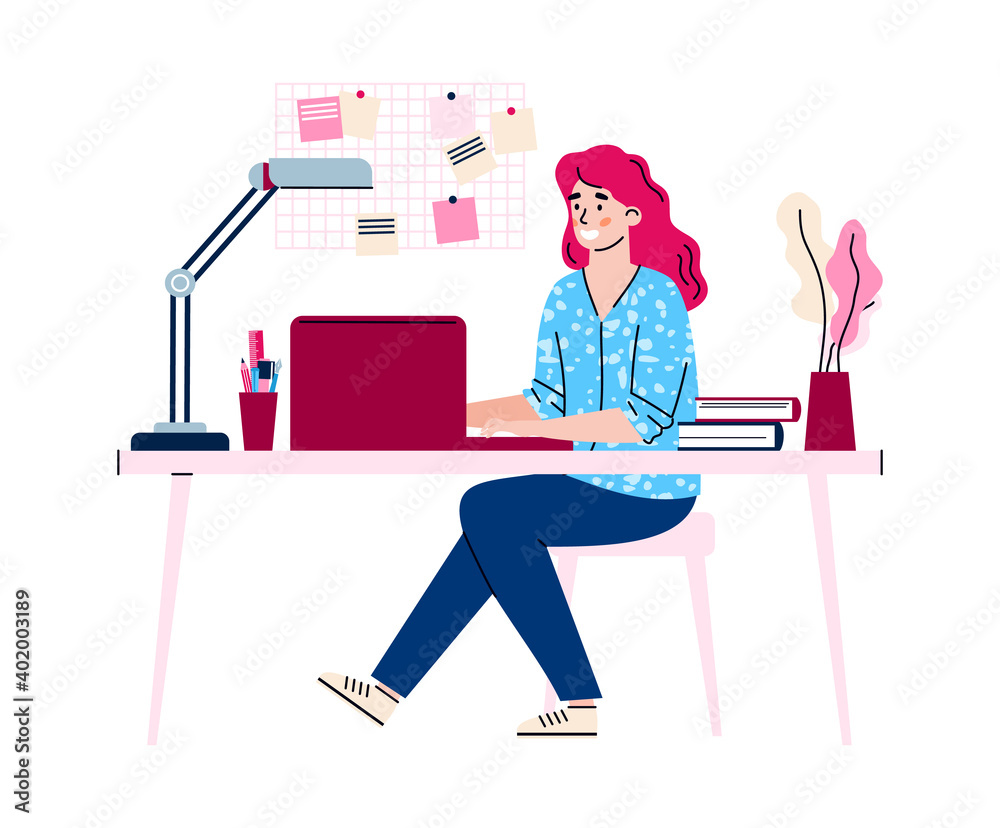 Freelance work at home. Busy business woman sitting with computer at her work desk, home office for distance working mother. Vector illustration isolated on a white background. Freelance work at home. Busy business woman sitting with computer at her work desk, home office for distance working mother. Vector illustration isolated on a white background.