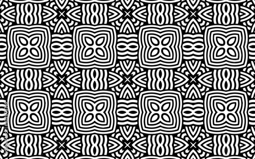 Geometric ethnic Indian texture in doodling style. Stylish oriental background for design, wallpaper, textile, coloring. Abstract black white template.