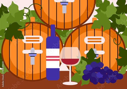 Wine making concept poster. Wooden barrels, grape, bottle and wineglass with red wine. Production traditional natural alcohol drink in winery. Vector flat illustration.