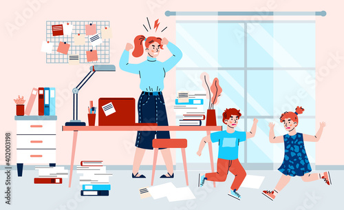 Mother works at home and tries to calm down noisy disobedient children, flat cartoon vector illustration. Working woman combines freelance work with childcare.
