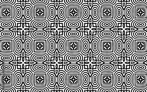 Geometric ethnic texture in doodling style. Indian background from a pattern of intertwined lines, polygons, squares, ovals. Abstract black white template.