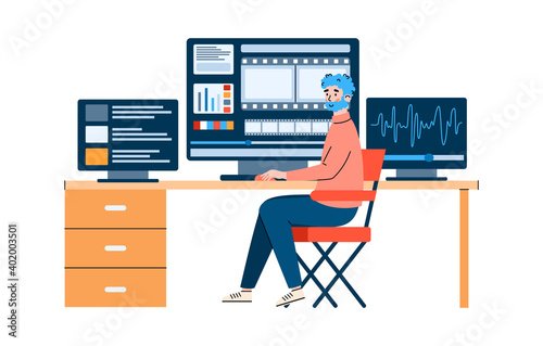 Movie operator works on the studio equipment for film editing and sound recording, flat cartoon vector illustration isolated on white background. Filmmaking professional.