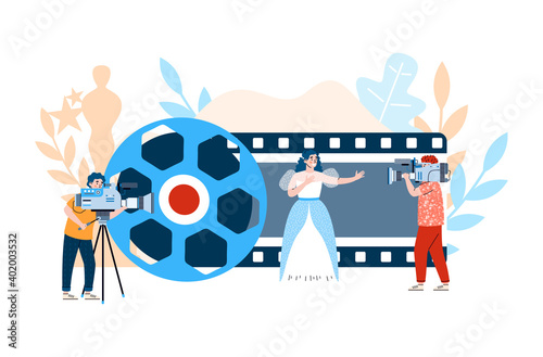 Filmmaking process with beautiful female actor, videographer cameraman. Shooting video film for cinema festival. Modern industry entertainment movie production. Vector illustration