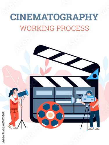 Filmmaking production. Cinematography working process with lighting engineer, cameraman, film and clapper. Shooting movie film, industry entertainment cinema production. Vector.