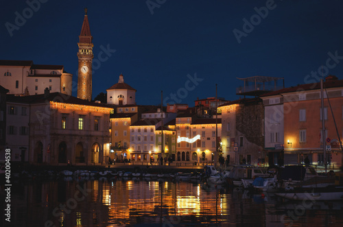 Old town of city at the Adriatic coast in winter, Piran, Slovenia. 14.12.2020.