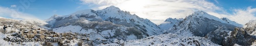 View of the Picos the Europa from Sotres village, near to Bulnes. Spain, Asturias. Panoramic view.