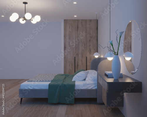 Modern bedroom interior. Night. Evening lighting. 3D rendering.