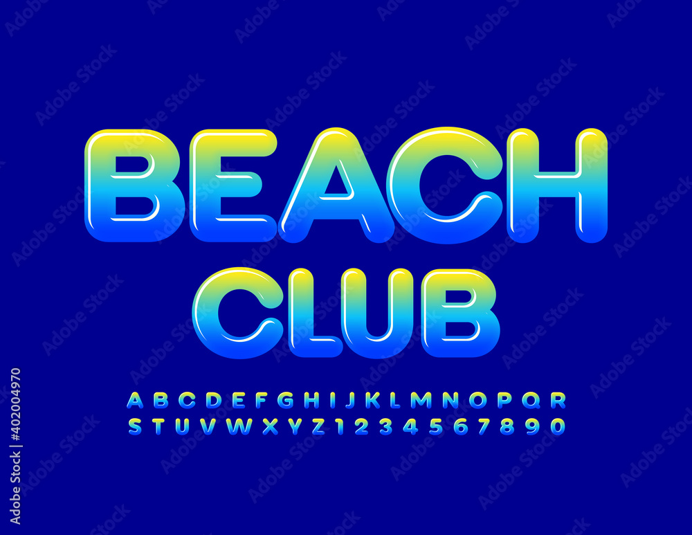 Vector creative sign Beach CLub. Glossy gradient Font. Shiny bright Alphabet Letters and Numbers set