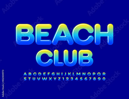 Vector creative sign Beach CLub. Glossy gradient Font. Shiny bright Alphabet Letters and Numbers set