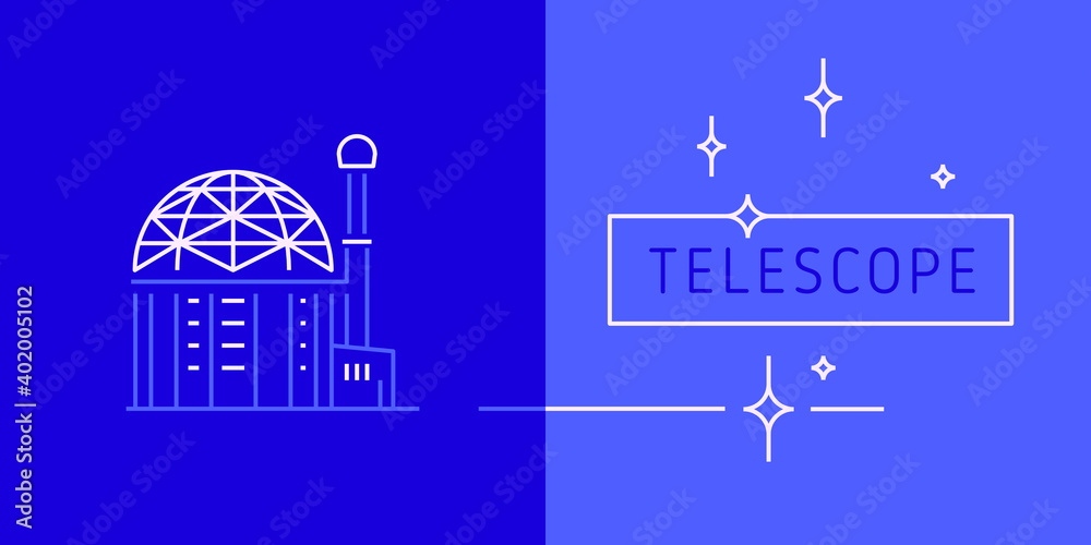 Contour illustration telescope building in trendy minimal style. Vector linear icon observatory. Thin line contour symbol of telescope for astronomy science emblem, astrophysics concept logo design. Contour illustration telescope building in trendy minimal style. Vector linear icon observatory. Thin line contour symbol of telescope for astronomy science emblem, astrophysics concept logo design.