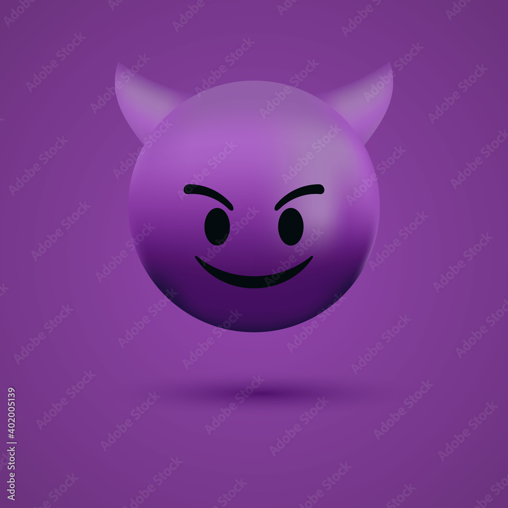 3d devil emoji face - bad evil emoticon - Smiling face with horns. Purple  devil emotion vector de Stock | Adobe Stock
