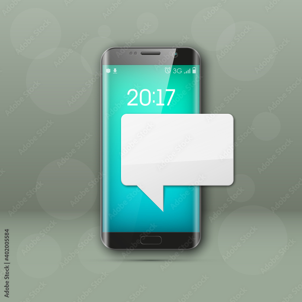 New model Mobile phone with platform for communication. Cell mobile short message. Smartphone blank colloquial cloud banner. Cellular empty advertising poster.