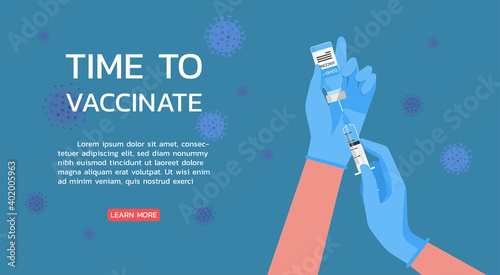 time to vaccinate concept, medical flu shot of doctor hands wearing rubber glove with syringe and needle, ampoule vaccine for the treatment of influenza virus, vector flat illustration