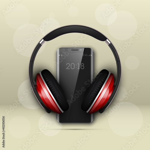 Image headphones on smartphone latest model background. Device for listening music on phone latest model background. Color stereo headphone for listening audio from phone. Banner earphones music party