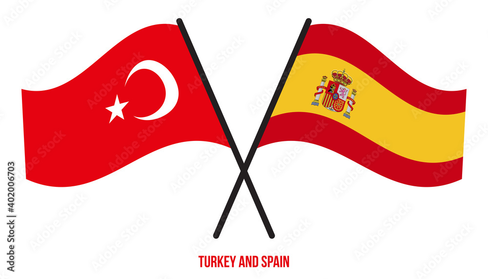 Turkey and Spain Flags Crossed And Waving Flat Style. Official Proportion. Correct Colors.