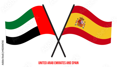 United Arab Emirates and Spain Flags Crossed And Waving Flat Style. Official Proportion.