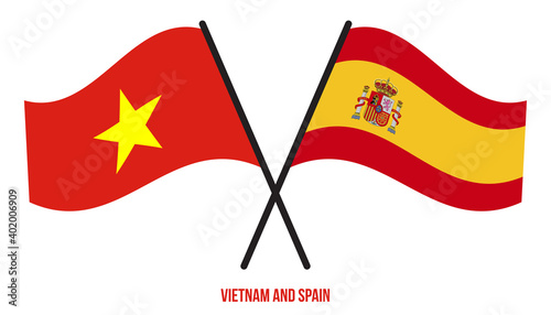 Vietnam and Spain Flags Crossed And Waving Flat Style. Official Proportion. Correct Colors.