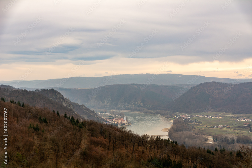 Wachau Valley and Danube river with a panoramic view on a cold winter day with overcast.