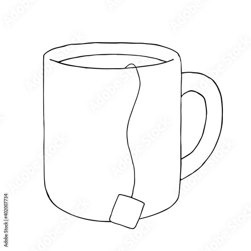 Mug of tea with a tea bag. Contour hand drawn illustration isolated on a white background, vector