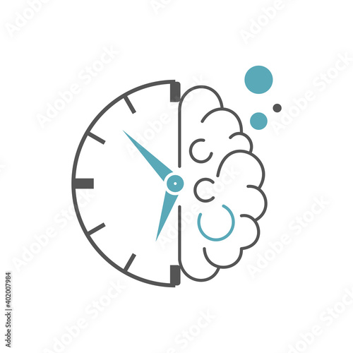 Half human brain and half clock icon. Flat style. Isolated on white background. 