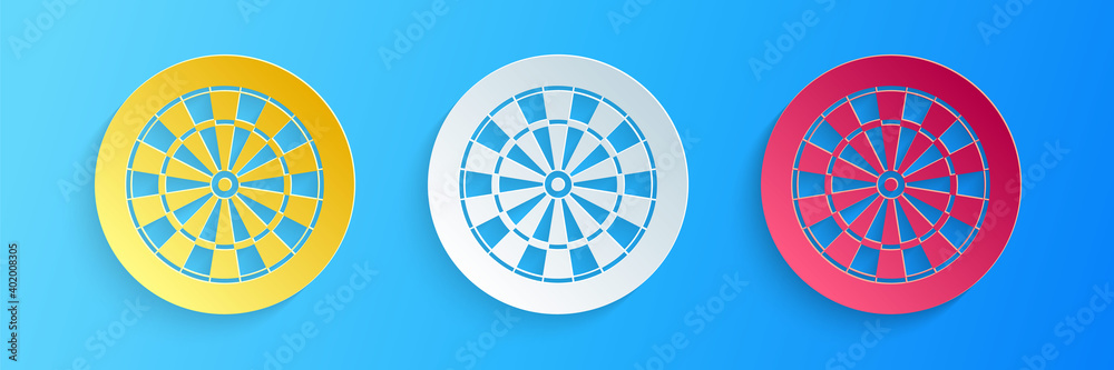 Paper cut Classic darts board with twenty black and white sectors icon isolated on blue background. Dart board sign. Dartboard sign. Game concept. Paper art style. Vector. Paper cut Classic darts board with twenty black and white sectors icon isolated on blue background. Dart board sign. Dartboard sign. Game concept. Paper art style. Vector.