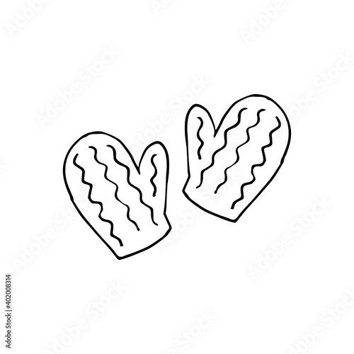 Knitted mittens. Winter clothing, protection from cold and frost. Vector hand drawn doodle illustration. Black and white outline. Coloring.
