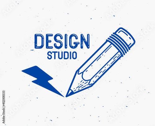 Pencil with lightning bolt vector simple trendy logo or icon for designer or studio, creative energy, bright design, linear style.