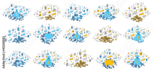 Savings concept 3D vector illustrations set isolated on white background, with bank and moneybag, retirement savings, investment, credit and deposit, financial safety.