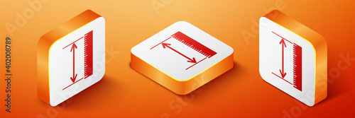 Isometric The measuring height and length icon isolated on orange background. Ruler, straightedge, scale symbol. Geometrical instruments. Orange square button. Vector.