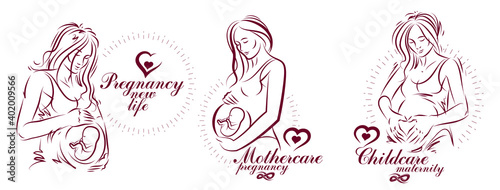 Pregnant woman vector hand drawn illustrations set isolated on white background, prenatal pregnancy baby shower theme, beautiful female motherhood new life.