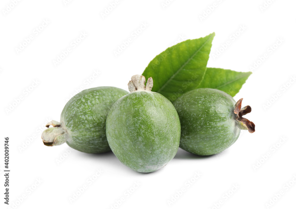 Pile of feijoas and leaves on white background Pile of feijoas and leaves on white background