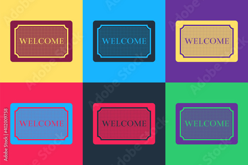 Pop art Doormat with the text Welcome icon isolated on color background. Welcome mat sign. Vector.