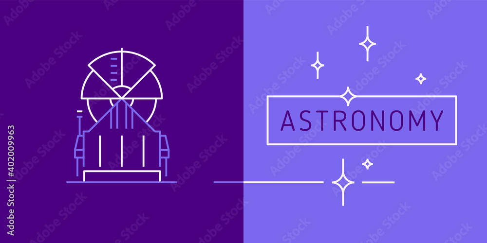 Vector linear icon observatory. Thin line contour symbol of telescope for astronomy science emblem, astrophysics concept logo design. Contour illustration telescope building in trendy minimal style.