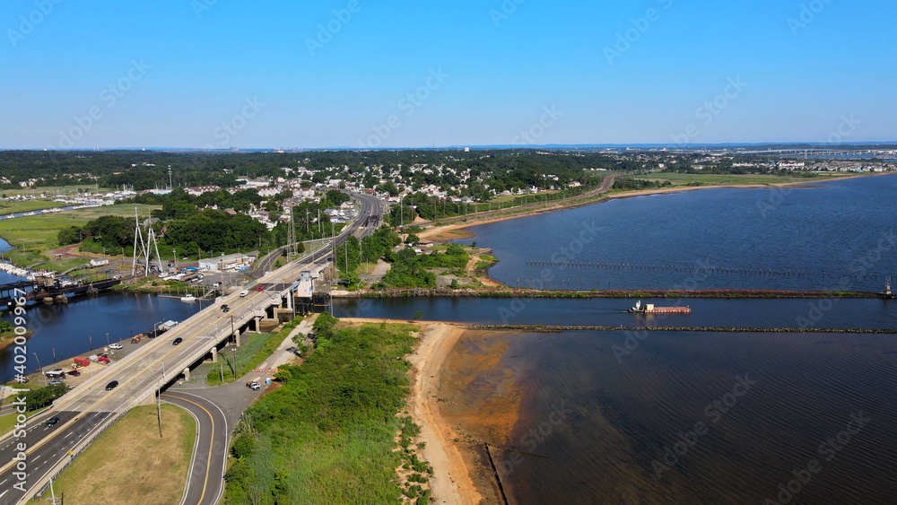 Panoramic beautiful urban landscape small coastal in area view from to ocean bay pier