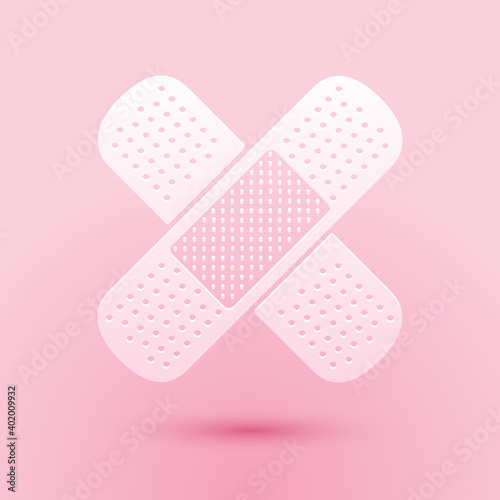 Paper cut Set Bandage plaster icon isolated on pink background. Medical plaster, adhesive bandage, flexible fabric bandage. Paper art style. Vector.