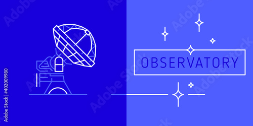 Contour illustration telescope building in trendy minimal style. Vector linear icon observatory. Thin line contour symbol of telescope for astronomy science emblem, astrophysics concept logo design. 